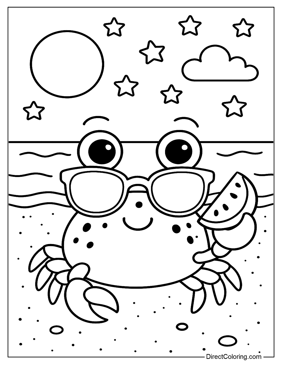 a beach coloring page with a crab wearing a hat, sunglasses, and holding a mini watermelon
